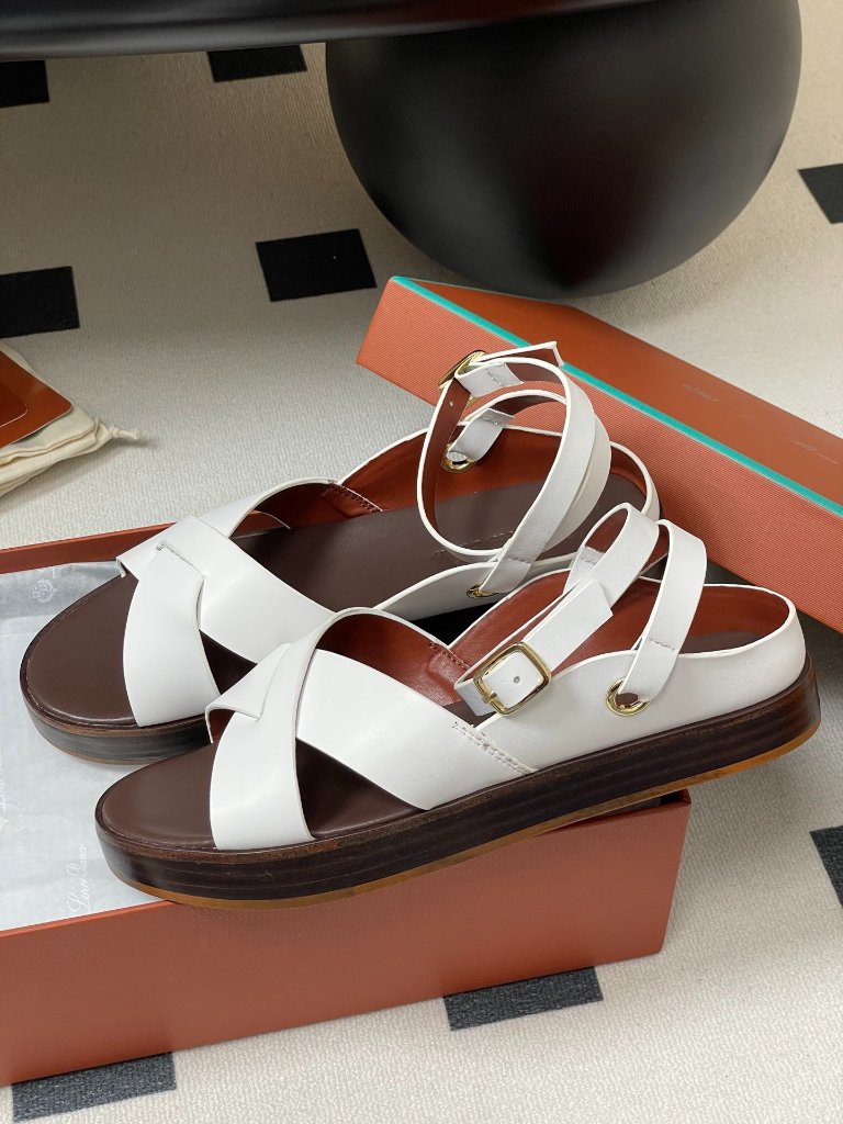 Loro Piana White Leather Crisscross Ankle Strap Platform Sandals, Made In Italy